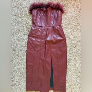 Fate Burgundy Faux Leather Midi Dress with Front Slit